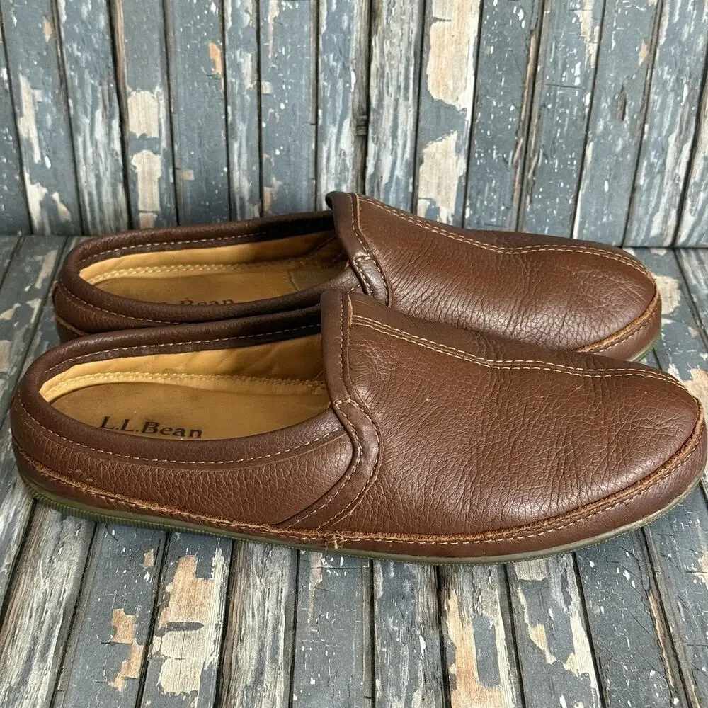 LL Bean Elkhide Scuff Slippers Men Size 7 Brown Leather Padded Comfort 272349